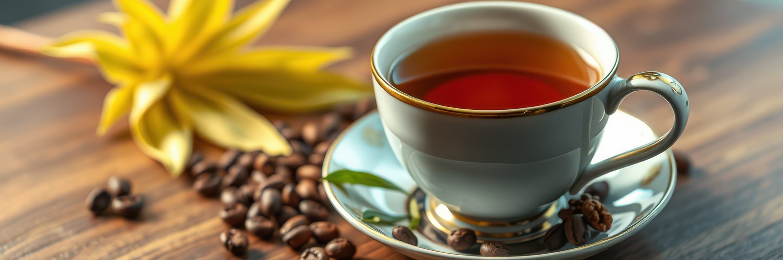 Warm cup of tea with coffee beans and yellow leaf on a wooden table